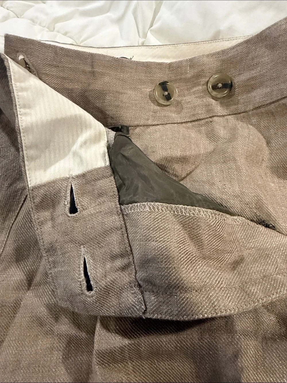 Tan Linen Capri Pants with Button Detail